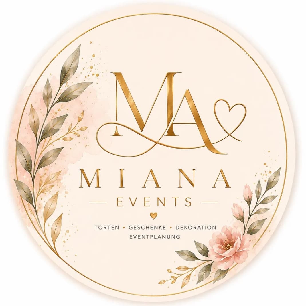 Miana Events Logo mit floralen Blättern und goldener Schrift
